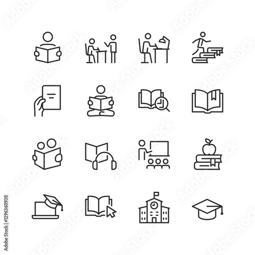 Education and Learning, linear style icon set. Study, teaching, and academic tools. Books, graduation caps, online courses, and classroom environments. Editable stroke width