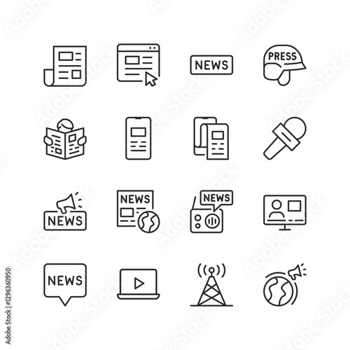 News and Media, linear style icons set. Journalism, broadcasting, and digital news consumption. Featuring newspapers, microphones, press badges, and online media platforms. Editable stroke width