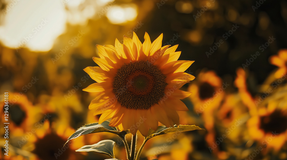 Naklejka premium Golden sunflower in full bloom stands against a soft blurred background of a field of sunflowers, illuminated by warm sunlight