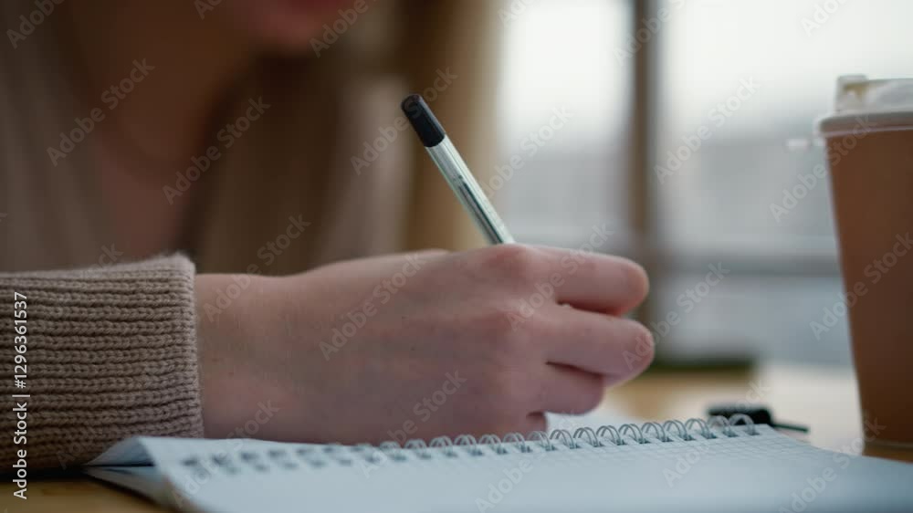 Close-up of hand holding pen over notebook, ready to write, with coffee cup on wooden table in soft blur, captures focus, creativity, and contemplation in a quiet writing moment
