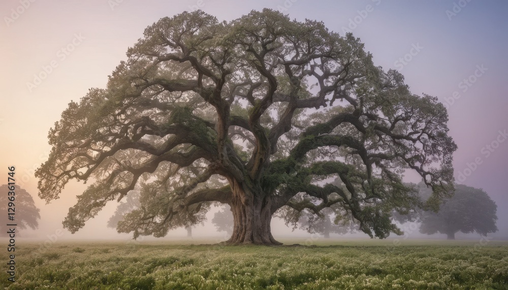 Majestic Ancient Oak Tree in Misty Field at Sunrise Tranquil Nature Scene Majestic Ancient Oak Tree in Misty Field at Sunrise Tranquil Nature Scene