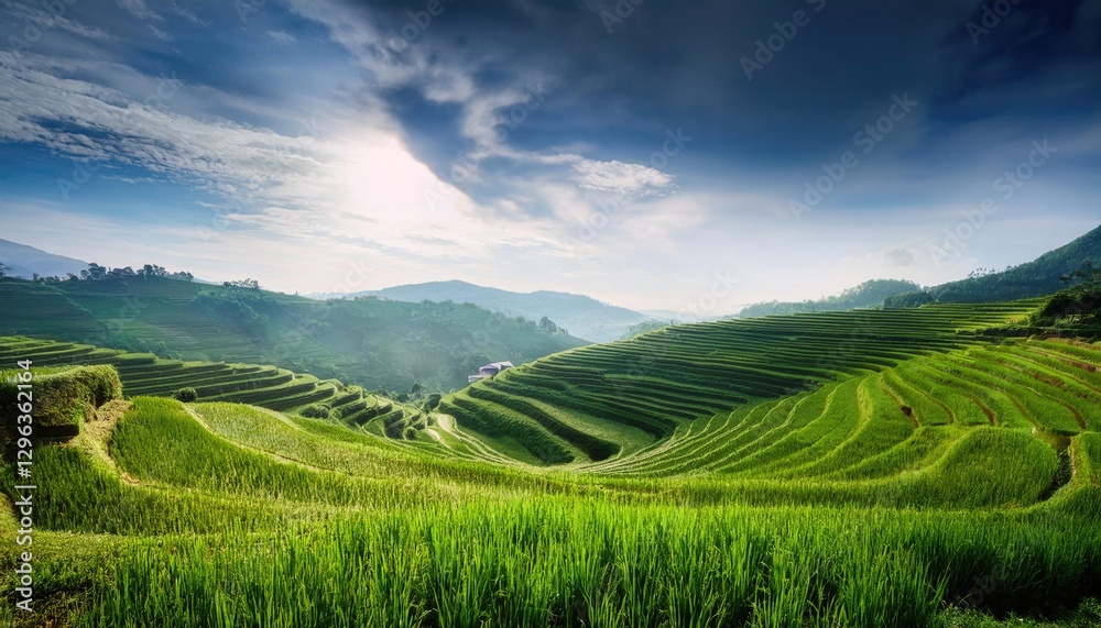 Fototapeta premium serene rice terrace with lush green layers and tranquil sky