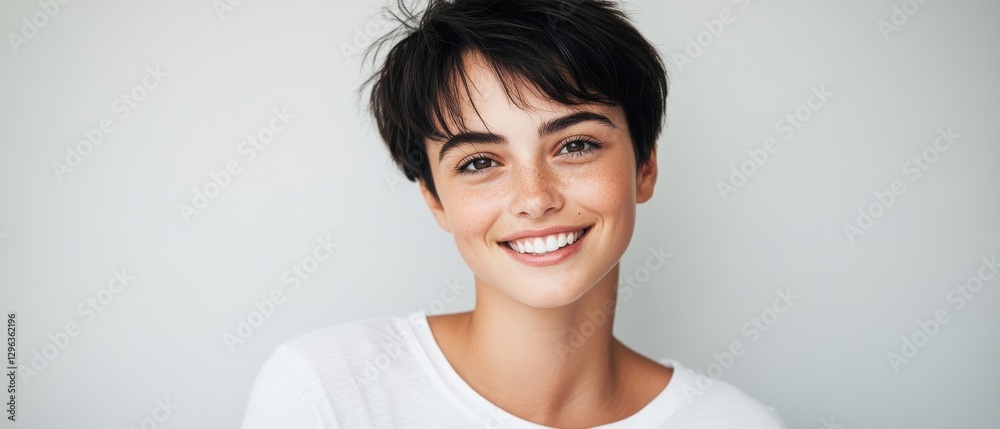 Woman with short hair smiling happily, natural beauty portrait, positive emotions, lifestyle photography, self-confidence, personal growth, wellness. Woman with short hair smiling happily, natural beauty portrait, positive emotions, lifestyle photography, self-confidence, personal growth, wellness.
