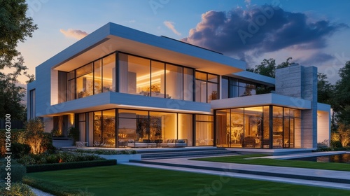 A modern luxury home at sunset, with large windows, manicured lawns, and outdoor lighting highlighting the architecture