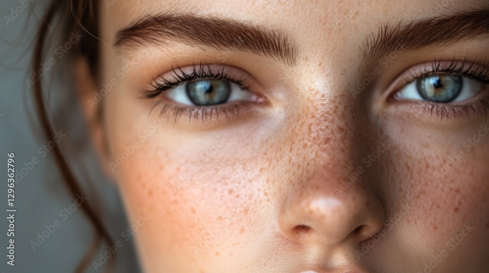 Fototapeta premium A close-up shot of a woman is face, adorned with minimal natural makeup, revealing healthy, radiant skin and a natural beauty that emanates from within.