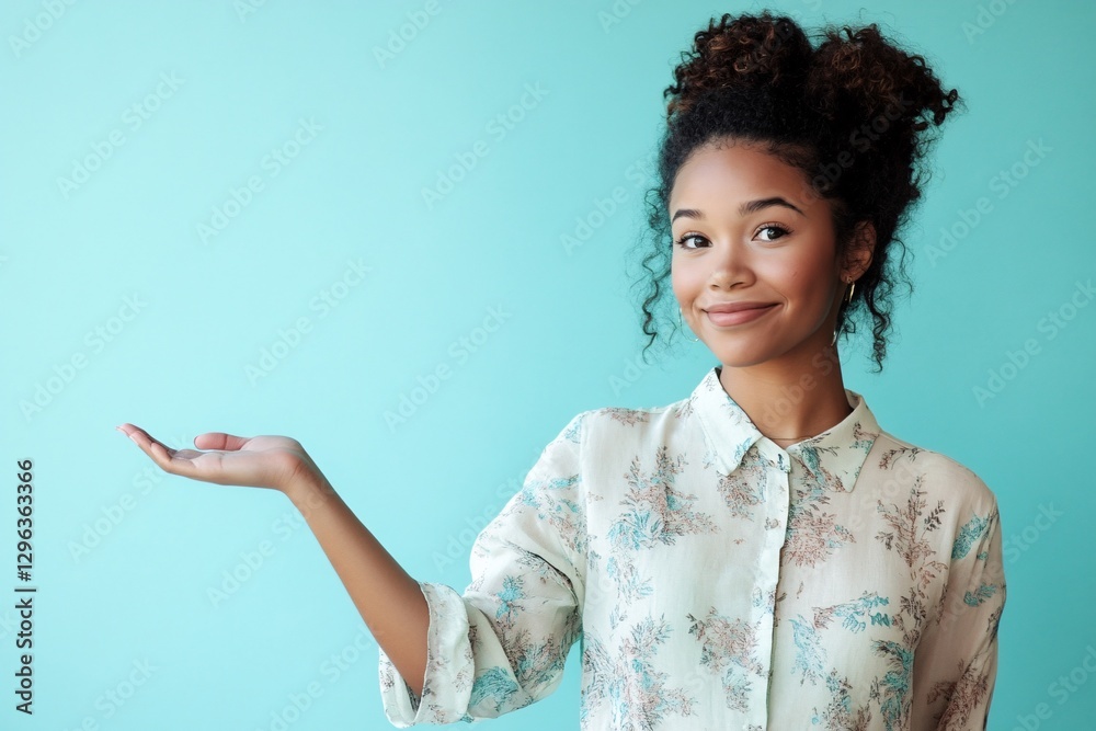 Stylish Young Woman with Natural Curly Hair Smiling and Gesturing in White Floral Blouse Stylish Young Woman with Natural Curly Hair Smiling and Gesturing in White Floral Blouse