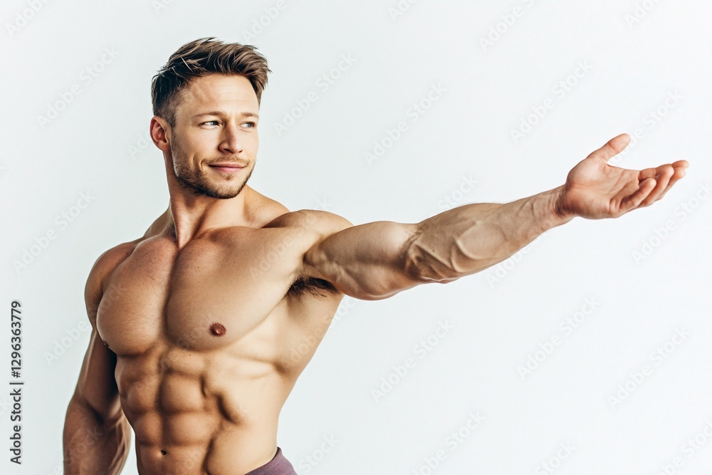 Muscular Shirtless Man with a Confident Smile Extending His Hand Muscular Shirtless Man with a Confident Smile Extending His Hand