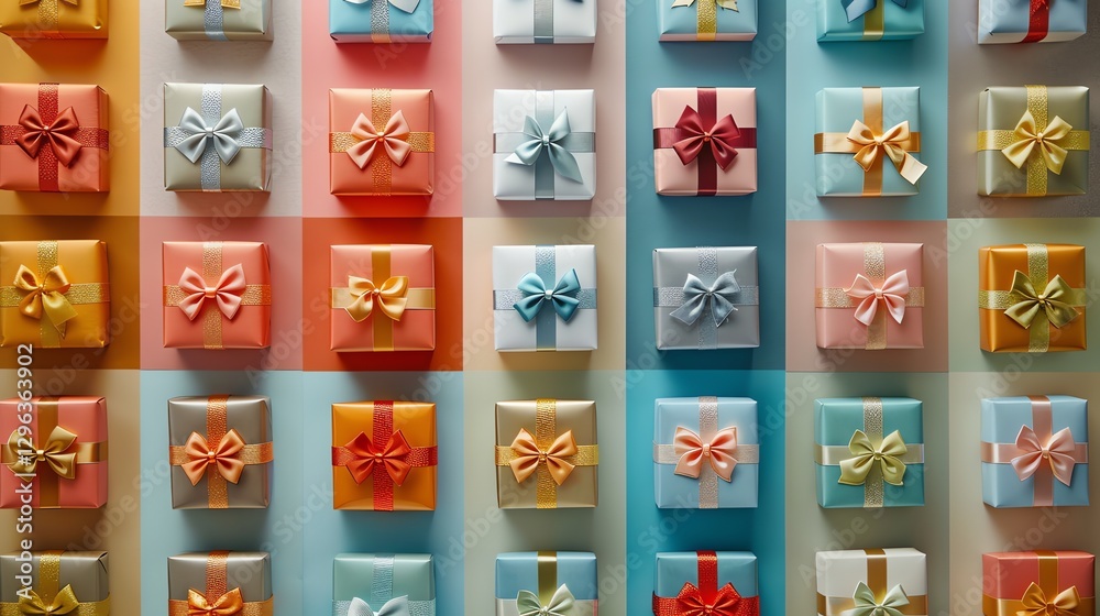 Fototapeta premium A grid of colorful gift boxes with bows.