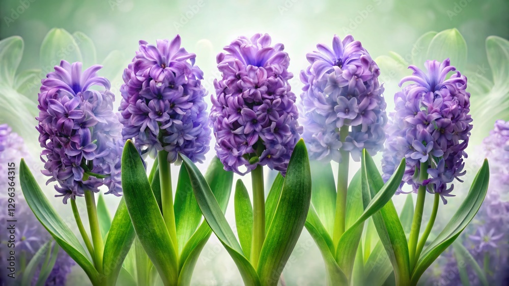 Obraz premium Double Exposure Hyacinth Flowers: Seven Spring Plants, Purple Blooms & Lush Leaves