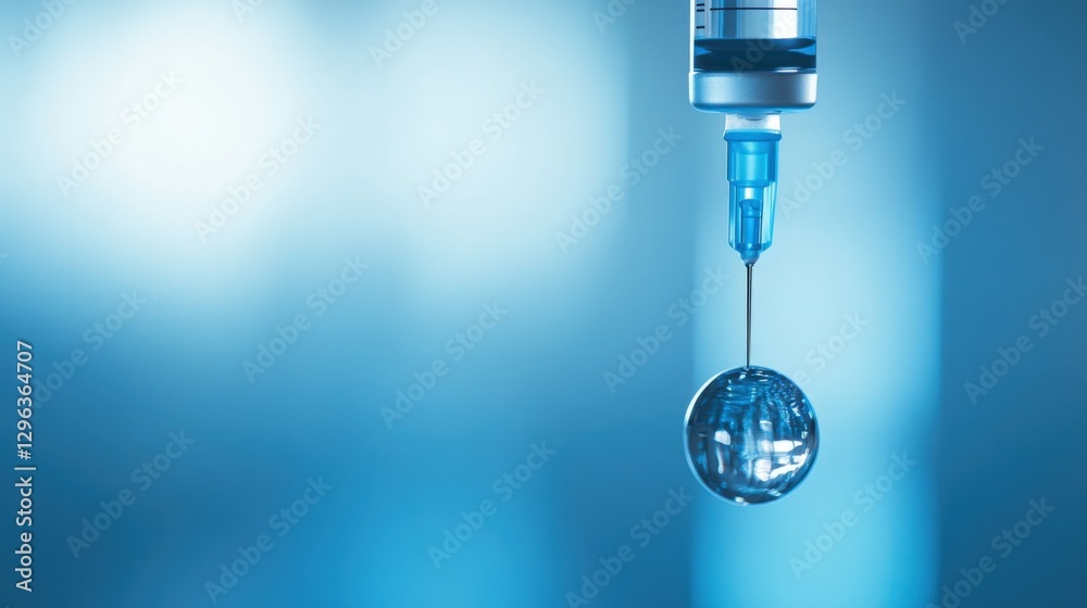 Detailed View of Glowing Blue Liquid Droplet at Syringe Needle Tip. Generative AI Detailed View of Glowing Blue Liquid Droplet at Syringe Needle Tip. Generative AI