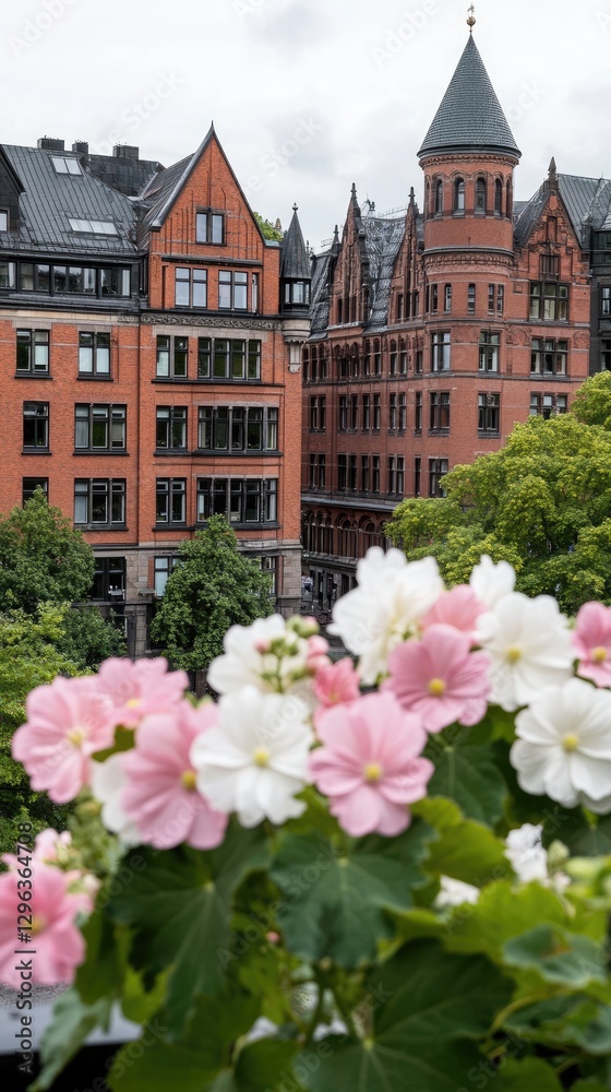 Naklejka premium Pink and white hollyhocks flourish by the Speicherstadt, showcasing summertime beauty against old architecture and a bridge backdrop