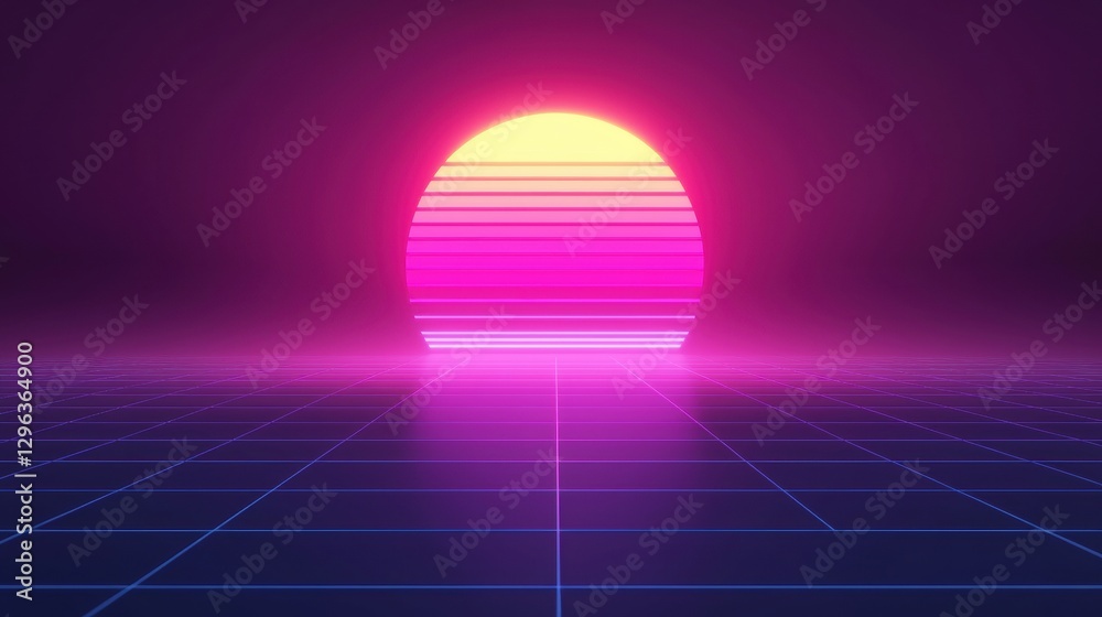 Retro futuristic sunset with neon colors and grid perspective Retro futuristic sunset with neon colors and grid perspective
