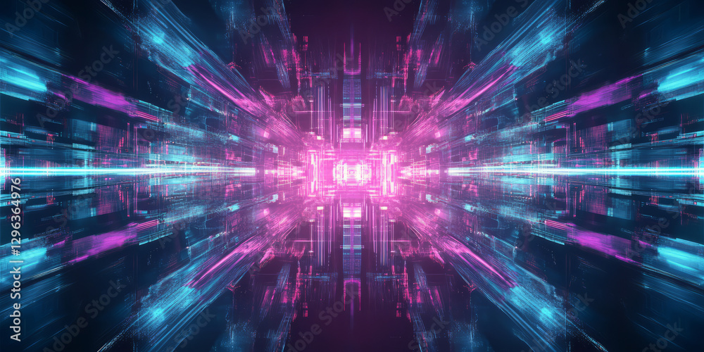 Obraz premium A futuristic abstract background with layered geometric patterns seamlessly merging into a digital cybernetic structure. The glowing reflections and neon symmetry enhance the sci-fi ambiance.