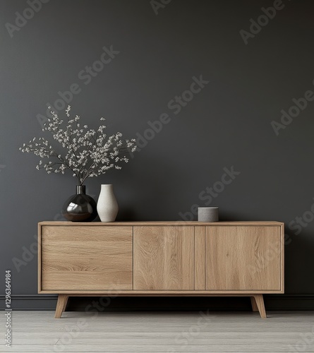 Stylish Wooden Sideboard with Decorative Vases and Modern Design