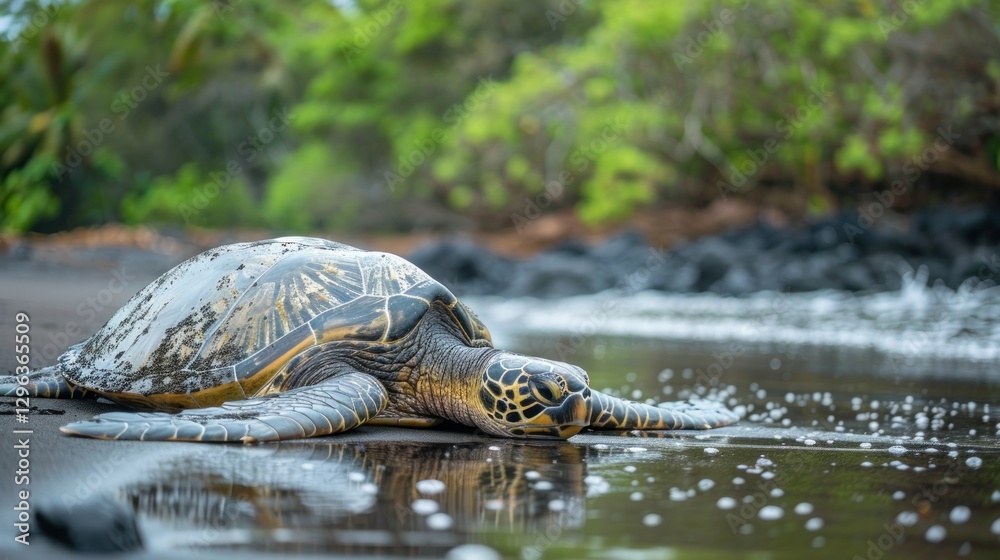 Fototapeta premium Portrait a sea turtle swimming in the clear water. AI generated image