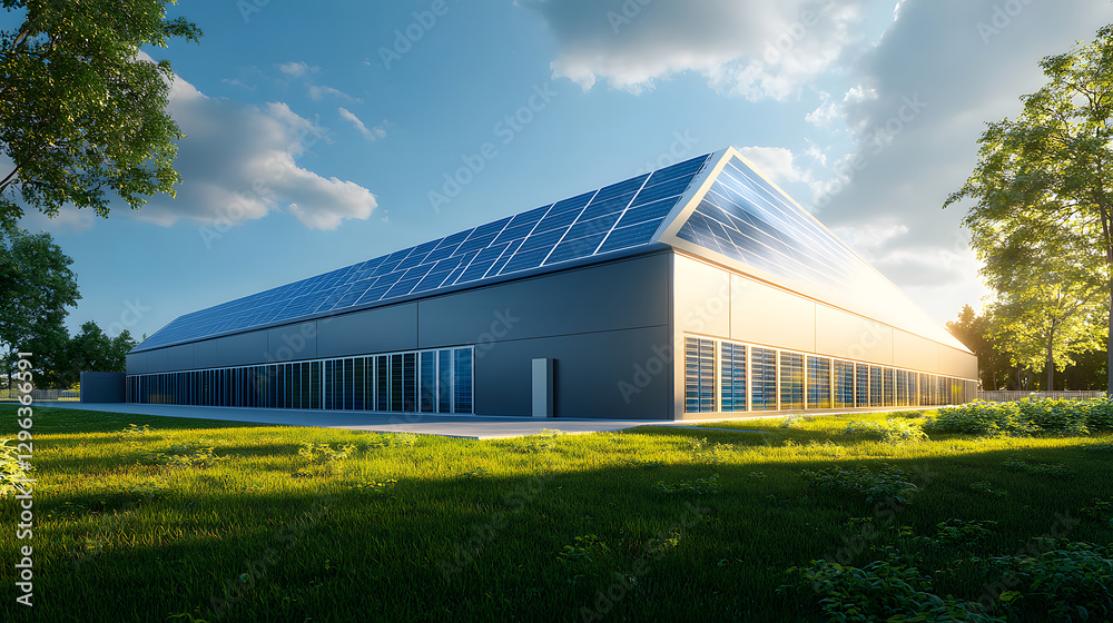 Modern industrial facility with solar panels, sustainable energy. Eco-friendly architecture Modern industrial facility with solar panels, sustainable energy. Eco-friendly architecture