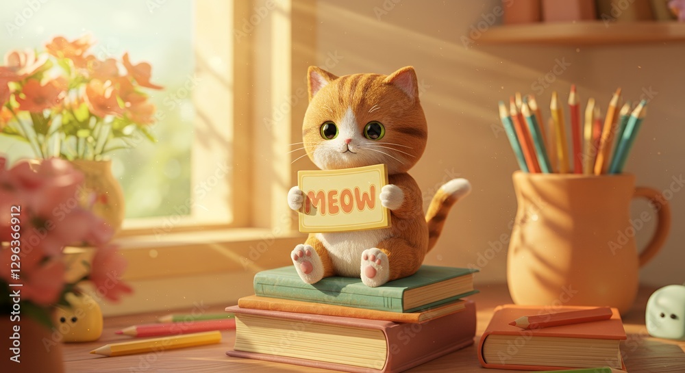 Adorable Kitten Holding Meow Sign on Stack of Books in Sunlit Room Adorable Kitten Holding Meow Sign on Stack of Books in Sunlit Room
