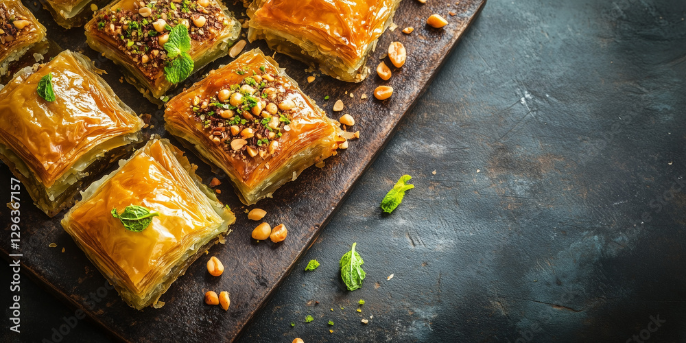 Vibrant image of Turkish baklava with peanut on rustic surface