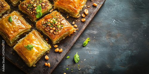 Obraz na płótnie Vibrant image of Turkish baklava with peanut on rustic surface w salonie
