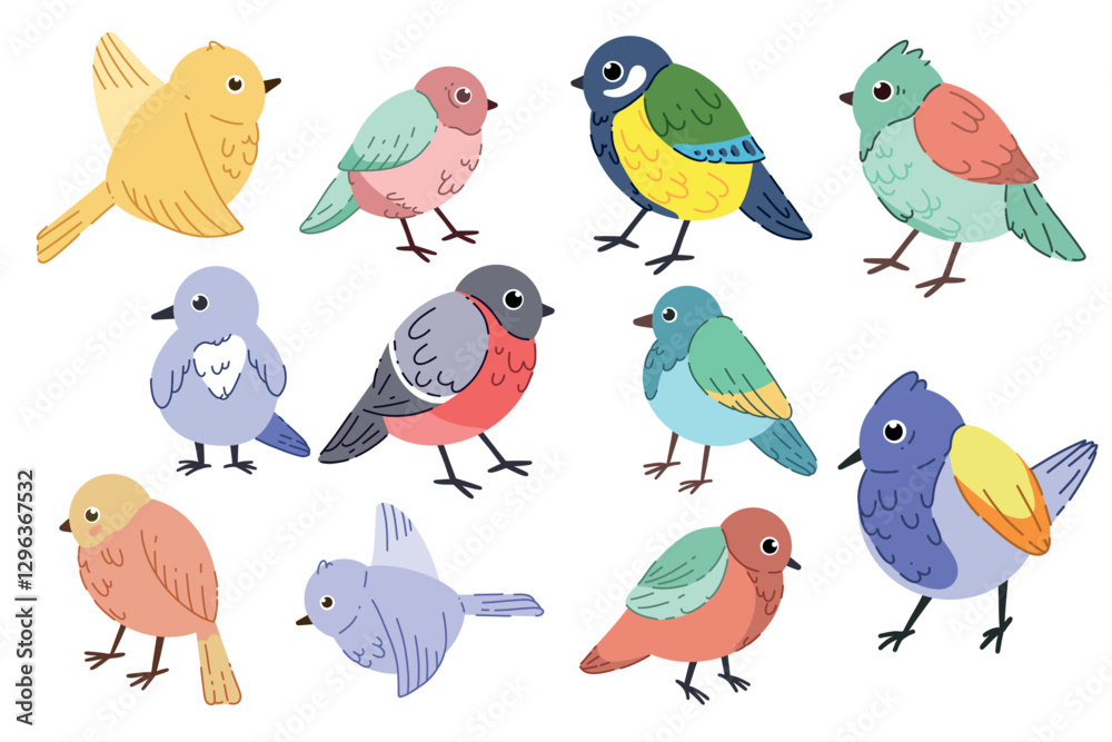 Fototapeta premium A set of spring birds. Vector cartoon illustration in children's style. Different colored birds. Isolated images on a white background.
