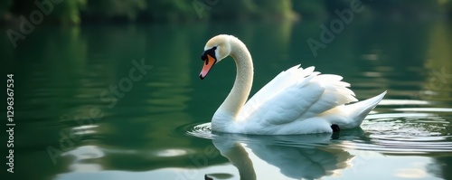 Majestic swan swims, ripples spreading on still lake surface, nature photography, water, bird