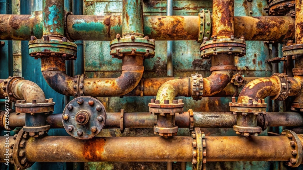 Intricate Network of Weathered Industrial Pipes and Fittings Showing Signs of Age and Oxidation Intricate Network of Weathered Industrial Pipes and Fittings Showing Signs of Age and Oxidation