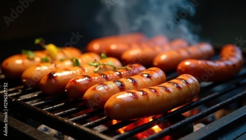 Assorted grilled meats, bratwurst, peppers & onions on hot grill, BBQ, bratwurst