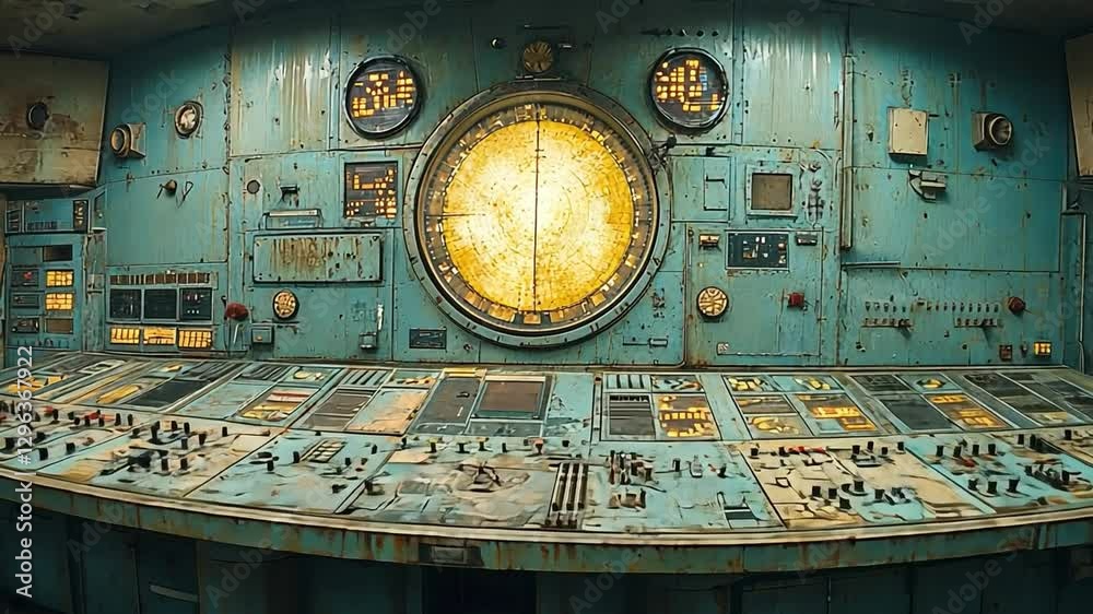 Control Panel: A close-up of a vintage, worn control panel with an array of dials, gauges, buttons, and a large central screen, hinting at its past operational use.