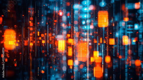 Wallpaper Mural Abstract Digital Data Stream Futuristic Technology Background with Glowing Orange and Blue Blocks Torontodigital.ca