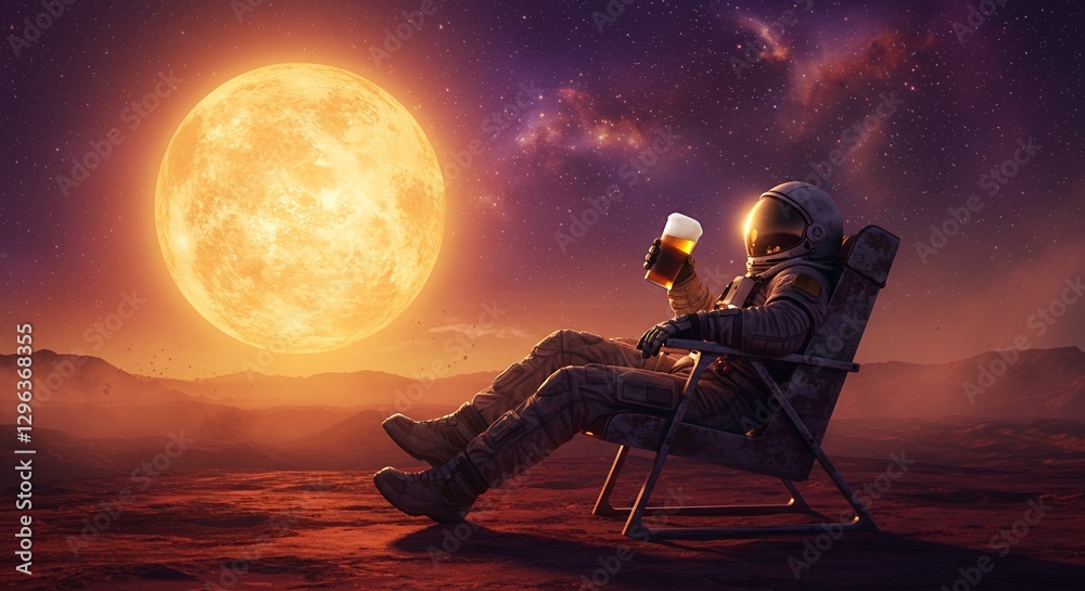 Fototapeta premium Astronaut Relaxing on Mars with a Beer Under a Giant Moon and Starry Sky