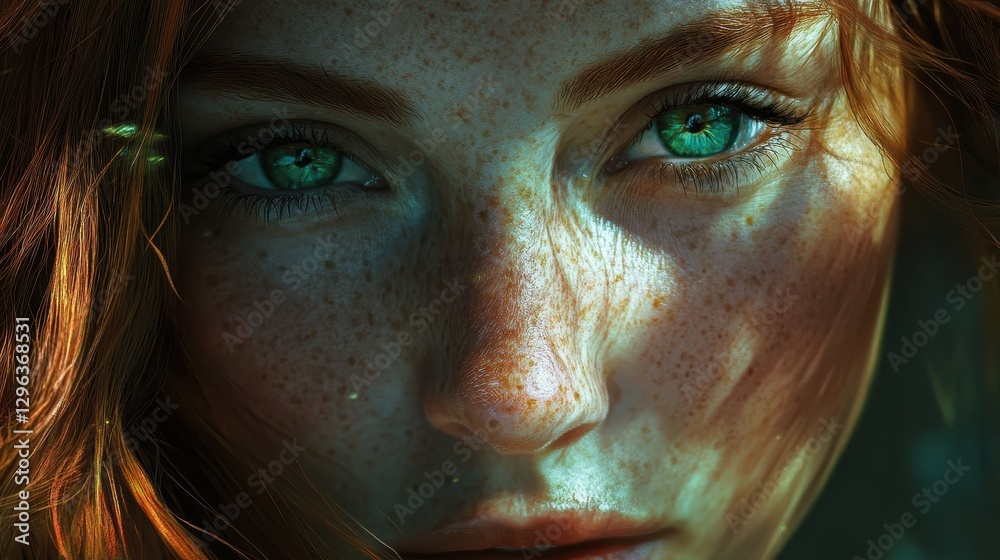 A close-up portrait unveils the enchanting face of a woman adorned with freckles, her eyes, the color of emeralds, reflecting the warmth of natural light. A close-up portrait unveils the enchanting face of a woman adorned with freckles, her eyes, the color of emeralds, reflecting the warmth of natural light.