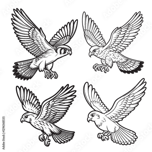 "Detailed Cute Merlin Cartoon Outline Vector Silhouettes in Flying Pose"