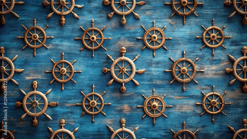 Fototapeta premium A nautical arrangement of antique ship wheels on a textured blue background, creating a captivating and sophisticated decorative pattern.