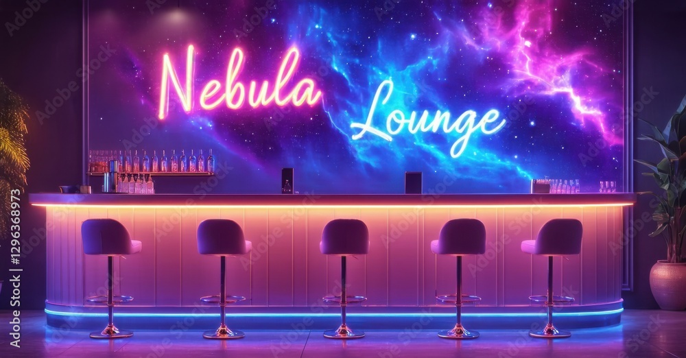Neon sign nebula lounge floating barstools glowing gaseous reflecting colors space bright colorful realistic photo Neon sign nebula lounge floating barstools glowing gaseous reflecting colors space bright colorful realistic photo