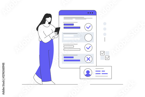 Online survey concept. Woman Character put cross or tick in questionnaire or quiz on web page with phone. Flat Cartoon Vector Illustration, icon. Stylish abstract Flat design for website