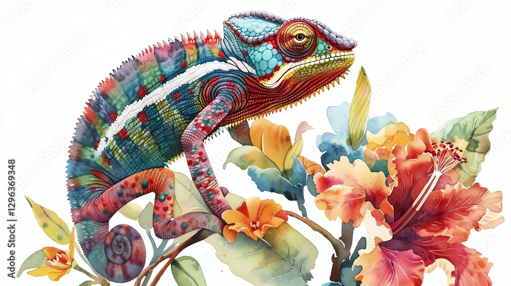 Obraz premium A colorful chameleon on a branch with flowers.