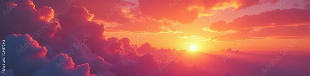 Fototapeta premium Fiery orange and pink clouds ablaze with the last sun's rays , sunlit, red