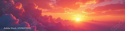 Fiery orange and pink clouds ablaze with the last sun's rays , sunlit, red
