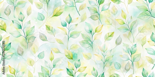 Serene Watercolor Painting of Delicate Green and Yellow Leaves on a Soft Background, Ideal for Textile Design or Artistic Print