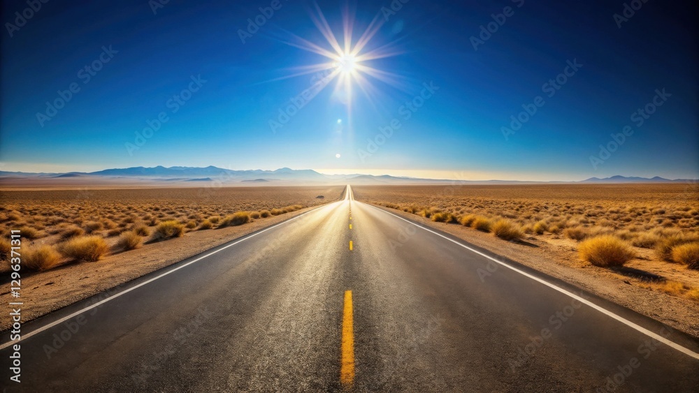 Fototapeta premium A sun-drenched asphalt highway extends towards a distant mountain range under a vibrant blue sky, promising adventure and the open road ahead