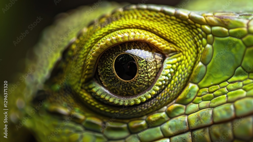 Fototapeta premium Closeup portrait dragon green eye of wild reptile animal. AI generated image