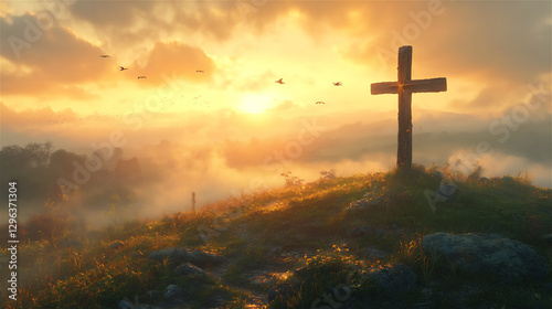 A wooden cross standing on a green hill at sunrise, with golden light shining through the clouds.