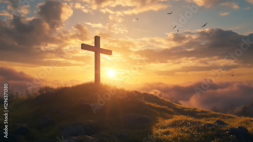 A wooden cross standing on a green hill at sunrise, with golden light shining through the clouds.