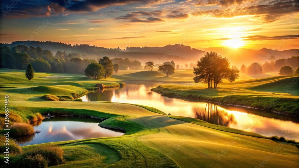 Fototapeta premium Serene Sunrise over Rolling Greens and Tranquil Waters of a Picturesque Landscape