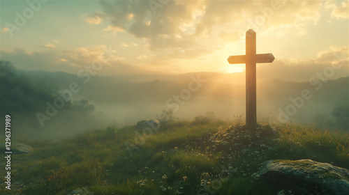 A wooden cross standing on a green hill at sunrise, with golden light shining through the clouds.