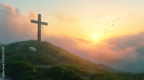 A wooden cross standing on a green hill at sunrise, with golden light shining through the clouds.