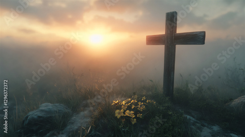 A wooden cross standing on a green hill at sunrise, with golden light shining through the clouds.