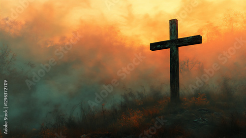 A wooden cross standing on a green hill at sunrise, with golden light shining through the clouds.