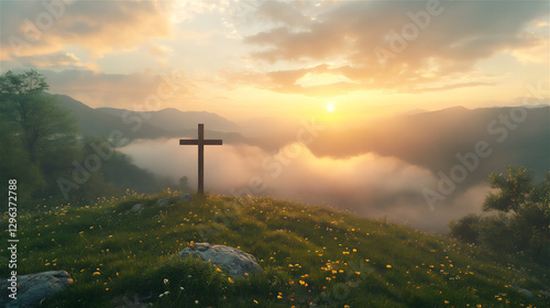 A wooden cross standing on a green hill at sunrise, with golden light shining through the clouds.