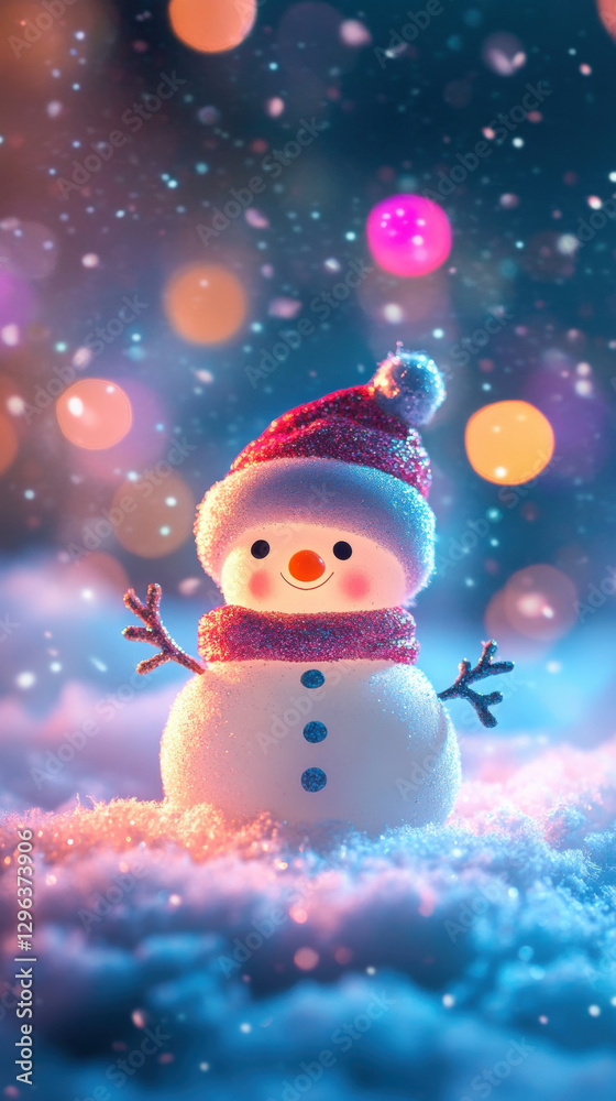 Cute snowman in a winter wonderland with bokeh lights Cute snowman in a winter wonderland with bokeh lights